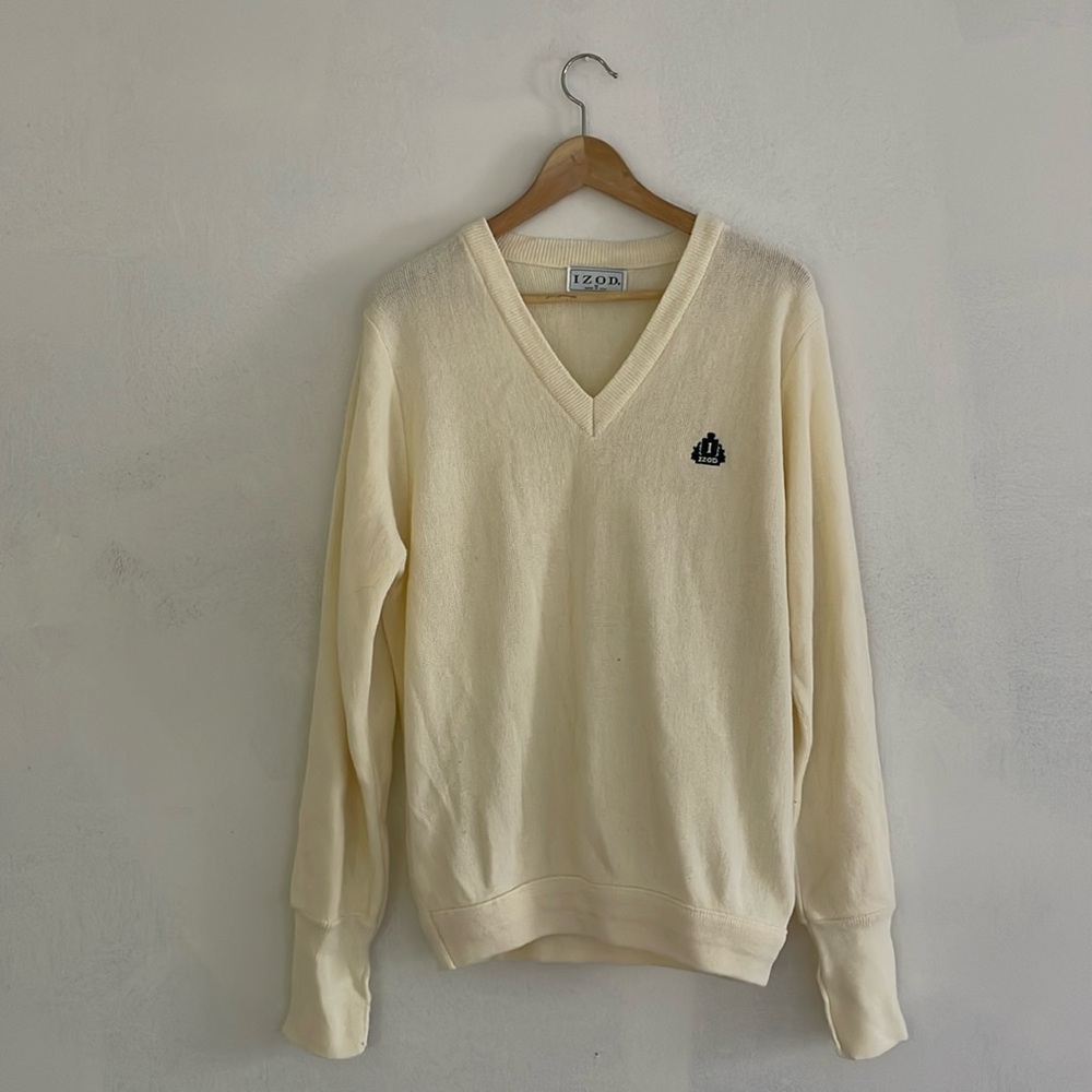 Izod Sweater Mens Golf Vtg Crest Logo USA cream Lightweight Long Sleeve medium